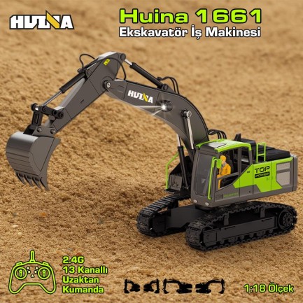 HUINA - HUINA 1661 1/18 13CH Kazıcı Ekskavatör İş Makinesi İnşaat Uzaktan Kumandalı RC Model Metal Kepçeli - 2.4Ghz Gerçekçi Similasyon Ses ve Işık Sistemi
