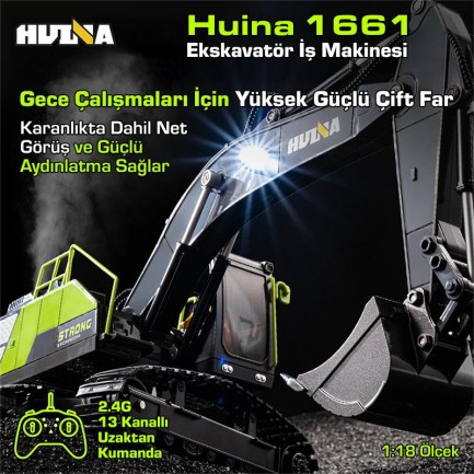 HUINA 1661 1/18 13CH Kazıcı Ekskavatör İş Makinesi İnşaat Uzaktan Kumandalı RC Model Metal Kepçeli - 2.4Ghz Gerçekçi Similasyon Ses ve Işık Sistemi - Thumbnail