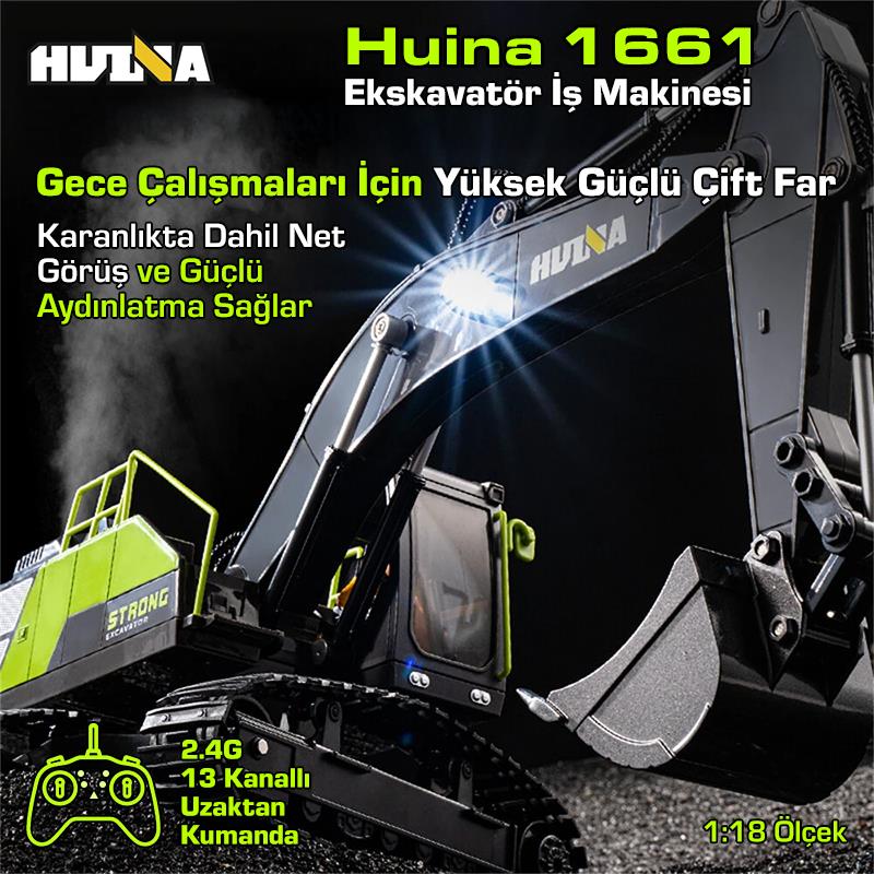 HUINA 1661 1/18 13CH Kazıcı Ekskavatör İş Makinesi İnşaat Uzaktan Kumandalı RC Model Metal Kepçeli - 2.4Ghz Gerçekçi Similasyon Ses ve Işık Sistemi