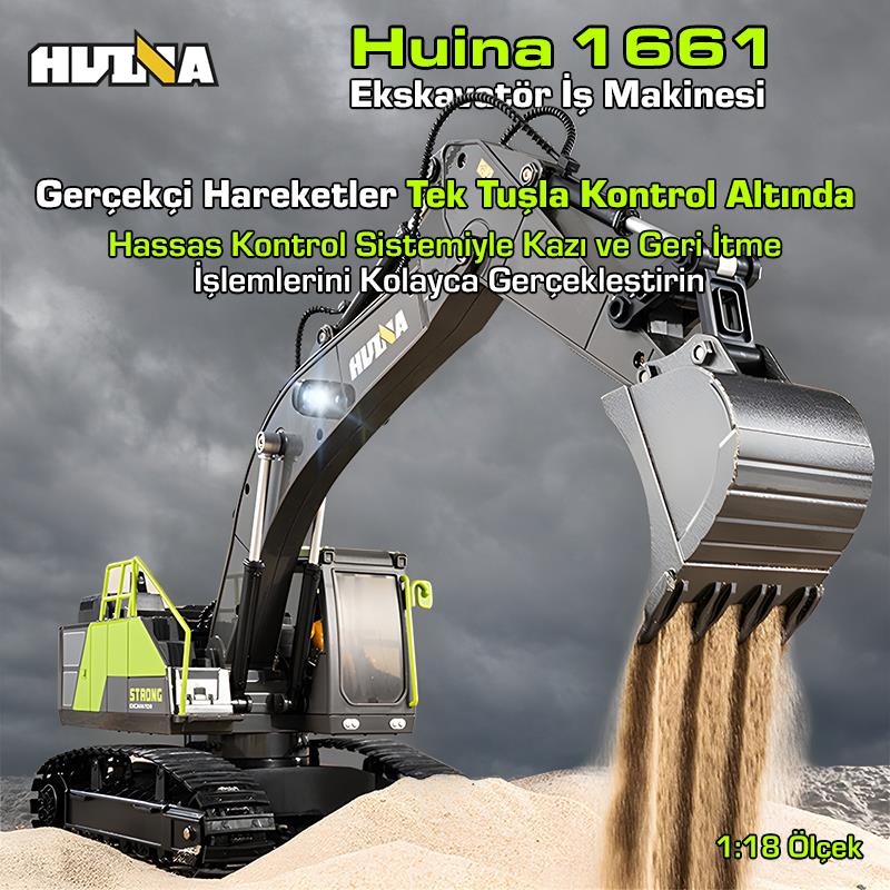 HUINA 1661 1/18 13CH Kazıcı Ekskavatör İş Makinesi İnşaat Uzaktan Kumandalı RC Model Metal Kepçeli - 2.4Ghz Gerçekçi Similasyon Ses ve Işık Sistemi