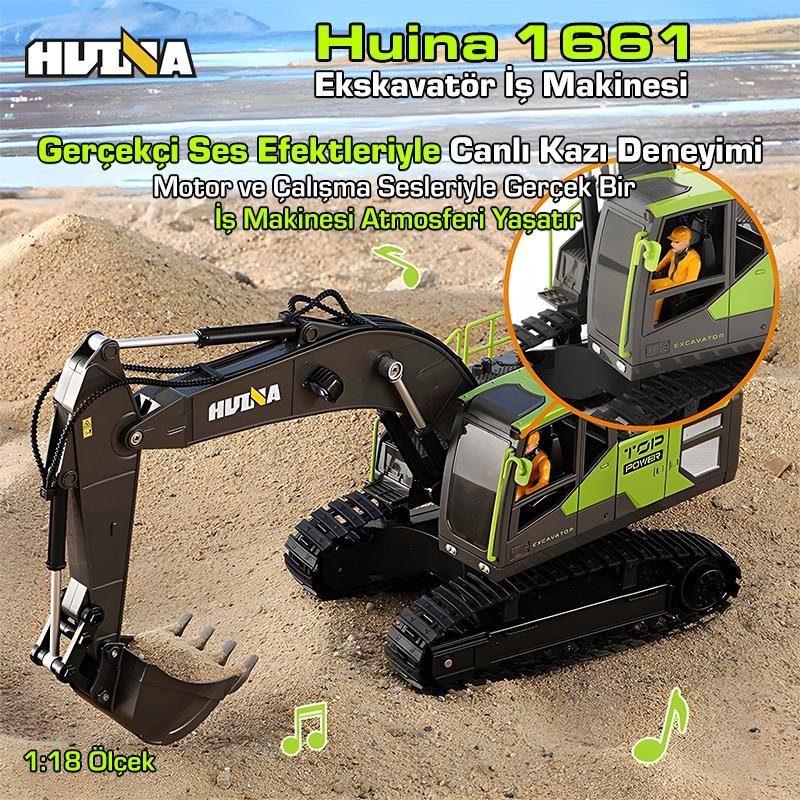 HUINA 1661 1/18 13CH Kazıcı Ekskavatör İş Makinesi İnşaat Uzaktan Kumandalı RC Model Metal Kepçeli - 2.4Ghz Gerçekçi Similasyon Ses ve Işık Sistemi
