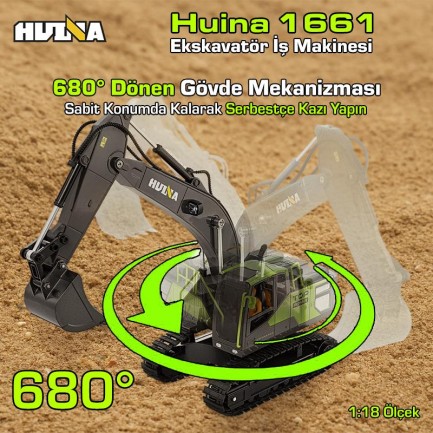 HUINA 1661 1/18 13CH Kazıcı Ekskavatör İş Makinesi İnşaat Uzaktan Kumandalı RC Model Metal Kepçeli - 2.4Ghz Gerçekçi Similasyon Ses ve Işık Sistemi - Thumbnail