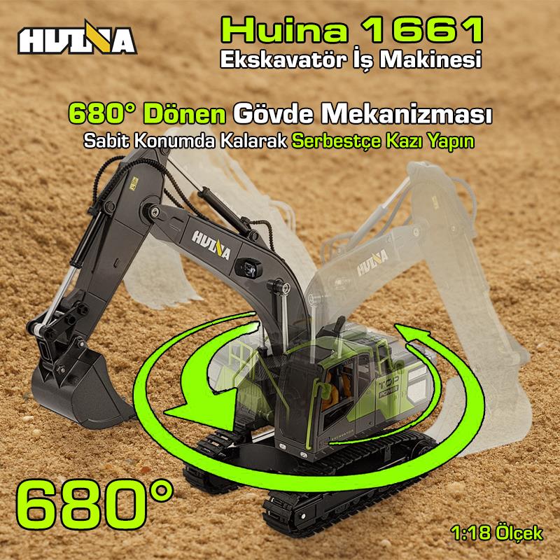 HUINA 1661 1/18 13CH Kazıcı Ekskavatör İş Makinesi İnşaat Uzaktan Kumandalı RC Model Metal Kepçeli - 2.4Ghz Gerçekçi Similasyon Ses ve Işık Sistemi
