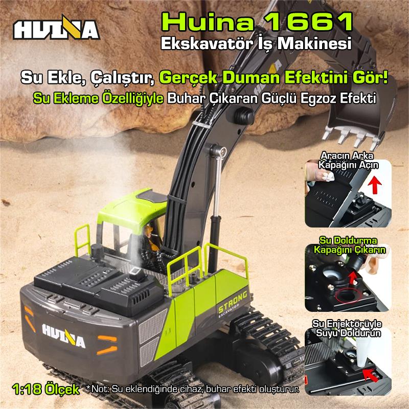 HUINA 1661 1/18 13CH Kazıcı Ekskavatör İş Makinesi İnşaat Uzaktan Kumandalı RC Model Metal Kepçeli - 2.4Ghz Gerçekçi Similasyon Ses ve Işık Sistemi