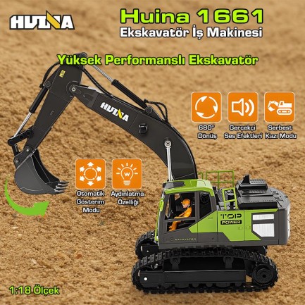 HUINA 1661 1/18 13CH Kazıcı Ekskavatör İş Makinesi İnşaat Uzaktan Kumandalı RC Model Metal Kepçeli - 2.4Ghz Gerçekçi Similasyon Ses ve Işık Sistemi - Thumbnail