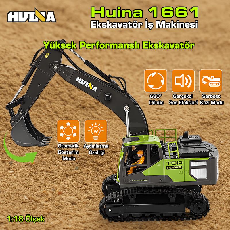 HUINA 1661 1/18 13CH Kazıcı Ekskavatör İş Makinesi İnşaat Uzaktan Kumandalı RC Model Metal Kepçeli - 2.4Ghz Gerçekçi Similasyon Ses ve Işık Sistemi