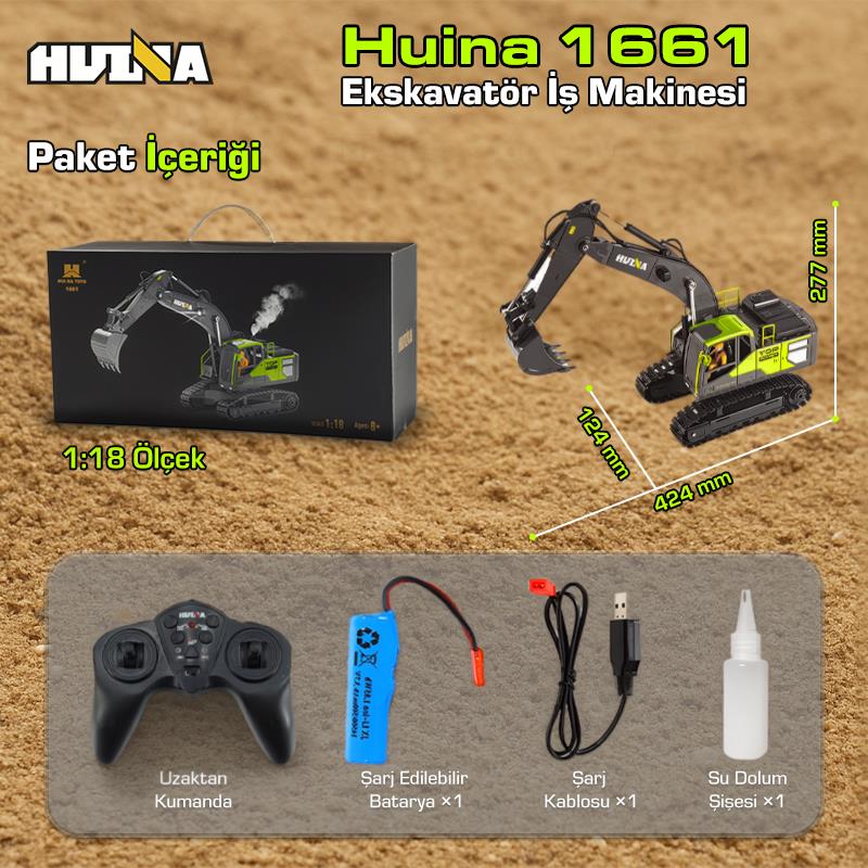HUINA 1661 1/18 13CH Kazıcı Ekskavatör İş Makinesi İnşaat Uzaktan Kumandalı RC Model Metal Kepçeli - 2.4Ghz Gerçekçi Similasyon Ses ve Işık Sistemi