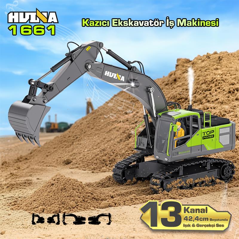 HUINA 1661 1/18 13CH Kazıcı Ekskavatör İş Makinesi İnşaat Uzaktan Kumandalı RC Model Metal Kepçeli - 2.4Ghz Gerçekçi Similasyon Ses ve Işık Sistemi