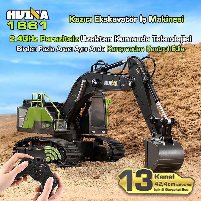 HUINA 1661 1/18 13CH Kazıcı Ekskavatör İş Makinesi İnşaat Uzaktan Kumandalı RC Model Metal Kepçeli - 2.4Ghz Gerçekçi Similasyon Ses ve Işık Sistemi