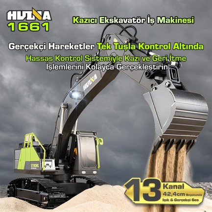 HUINA 1661 1/18 13CH Kazıcı Ekskavatör İş Makinesi İnşaat Uzaktan Kumandalı RC Model Metal Kepçeli - 2.4Ghz Gerçekçi Similasyon Ses ve Işık Sistemi - Thumbnail