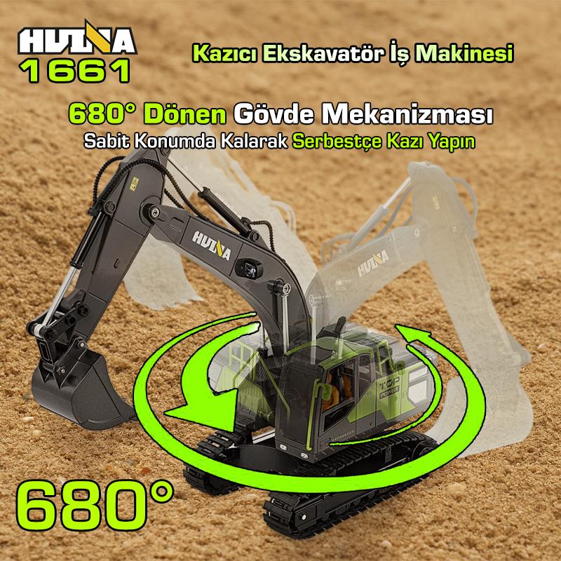 HUINA 1661 1/18 13CH Kazıcı Ekskavatör İş Makinesi İnşaat Uzaktan Kumandalı RC Model Metal Kepçeli - 2.4Ghz Gerçekçi Similasyon Ses ve Işık Sistemi
