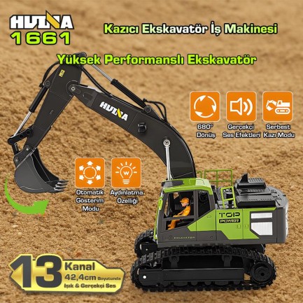 HUINA 1661 1/18 13CH Kazıcı Ekskavatör İş Makinesi İnşaat Uzaktan Kumandalı RC Model Metal Kepçeli - 2.4Ghz Gerçekçi Similasyon Ses ve Işık Sistemi - Thumbnail
