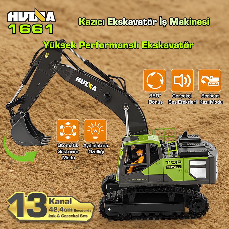 HUINA 1661 1/18 13CH Kazıcı Ekskavatör İş Makinesi İnşaat Uzaktan Kumandalı RC Model Metal Kepçeli - 2.4Ghz Gerçekçi Similasyon Ses ve Işık Sistemi