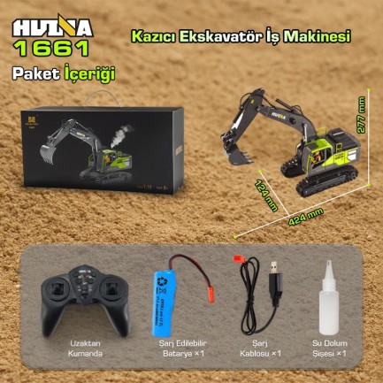 HUINA 1661 1/18 13CH Kazıcı Ekskavatör İş Makinesi İnşaat Uzaktan Kumandalı RC Model Metal Kepçeli - 2.4Ghz Gerçekçi Similasyon Ses ve Işık Sistemi - Thumbnail