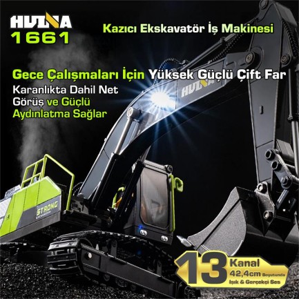 HUINA 1661 1/18 13CH Kazıcı Ekskavatör İş Makinesi İnşaat Uzaktan Kumandalı RC Model Metal Kepçeli - 2.4Ghz Gerçekçi Similasyon Ses ve Işık Sistemi - Thumbnail