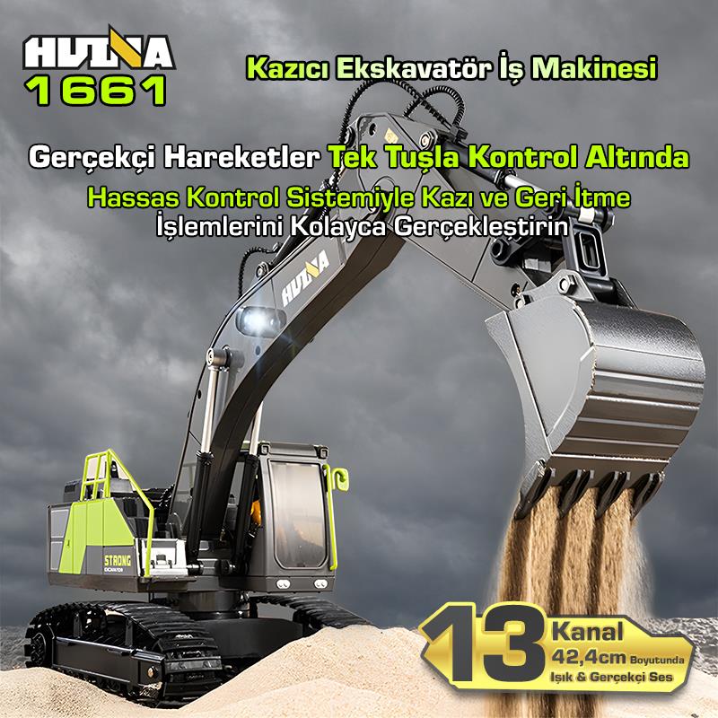 HUINA 1661 1/18 13CH Kazıcı Ekskavatör İş Makinesi İnşaat Uzaktan Kumandalı RC Model Metal Kepçeli - 2.4Ghz Gerçekçi Similasyon Ses ve Işık Sistemi