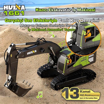 HUINA 1661 1/18 13CH Kazıcı Ekskavatör İş Makinesi İnşaat Uzaktan Kumandalı RC Model Metal Kepçeli - 2.4Ghz Gerçekçi Similasyon Ses ve Işık Sistemi - Thumbnail