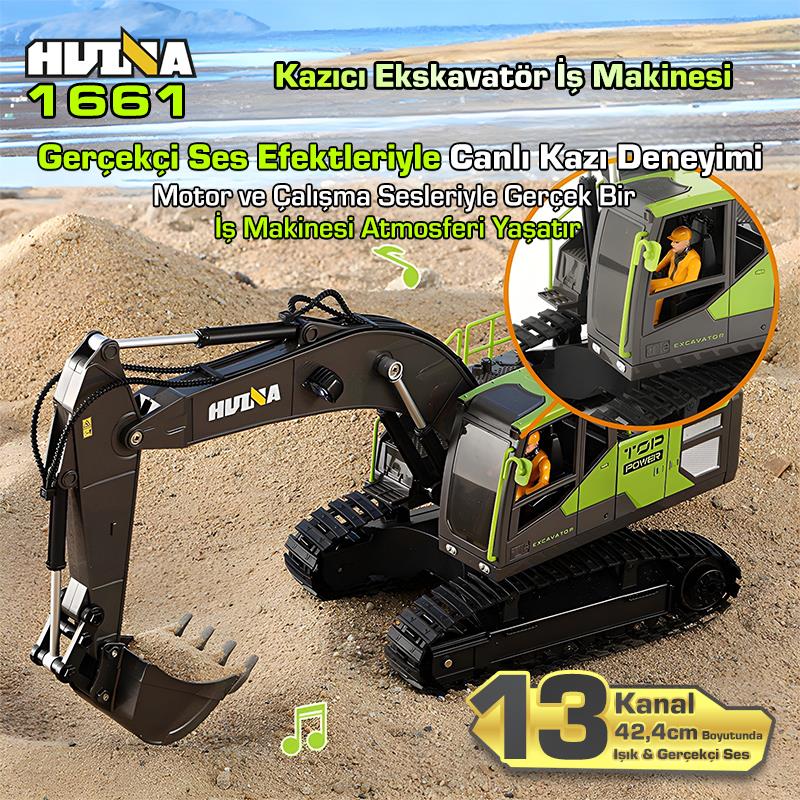 HUINA 1661 1/18 13CH Kazıcı Ekskavatör İş Makinesi İnşaat Uzaktan Kumandalı RC Model Metal Kepçeli - 2.4Ghz Gerçekçi Similasyon Ses ve Işık Sistemi