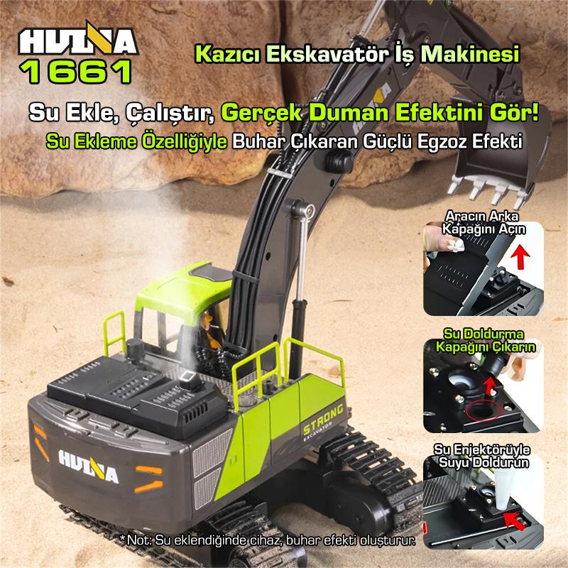 HUINA 1661 1/18 13CH Kazıcı Ekskavatör İş Makinesi İnşaat Uzaktan Kumandalı RC Model Metal Kepçeli - 2.4Ghz Gerçekçi Similasyon Ses ve Işık Sistemi