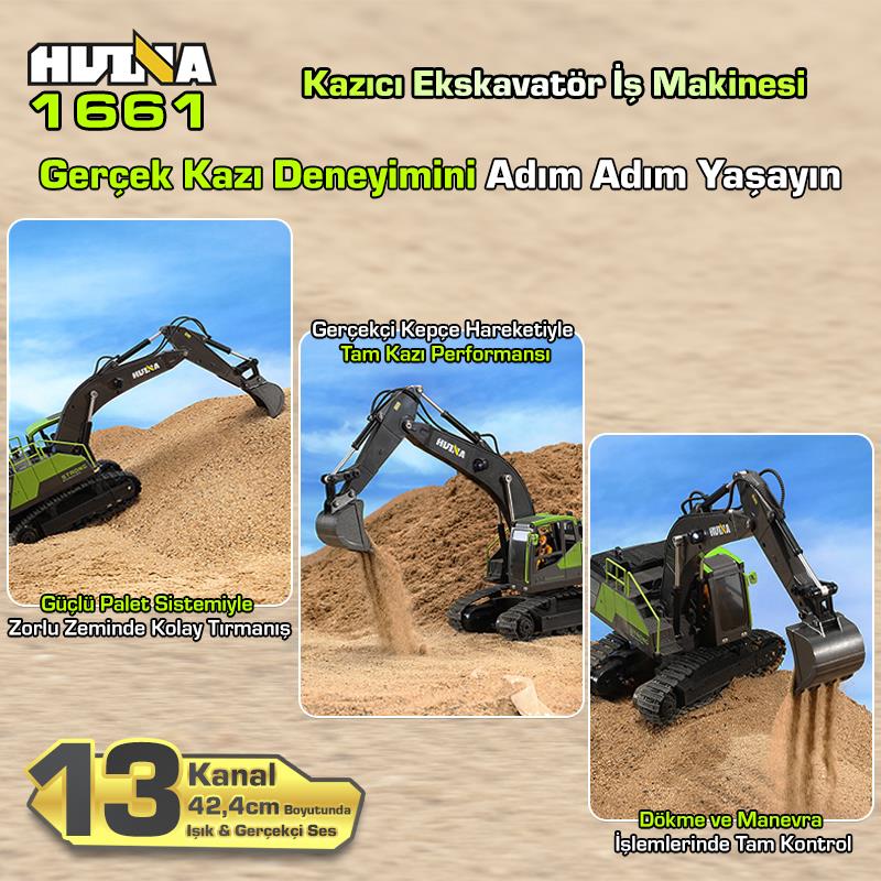 HUINA 1661 1/18 13CH Kazıcı Ekskavatör İş Makinesi İnşaat Uzaktan Kumandalı RC Model Metal Kepçeli - 2.4Ghz Gerçekçi Similasyon Ses ve Işık Sistemi
