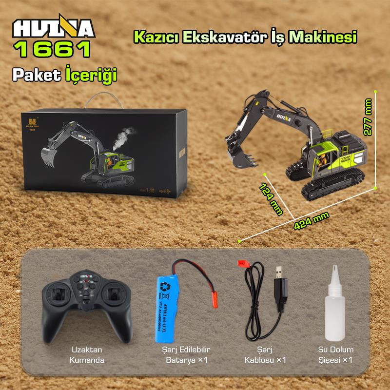 HUINA 1661 1/18 13CH Kazıcı Ekskavatör İş Makinesi İnşaat Uzaktan Kumandalı RC Model Metal Kepçeli - 2.4Ghz Gerçekçi Similasyon Ses ve Işık Sistemi