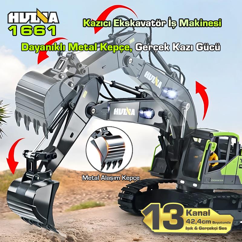 HUINA 1661 1/18 13CH Kazıcı Ekskavatör İş Makinesi İnşaat Uzaktan Kumandalı RC Model Metal Kepçeli - 2.4Ghz Gerçekçi Similasyon Ses ve Işık Sistemi