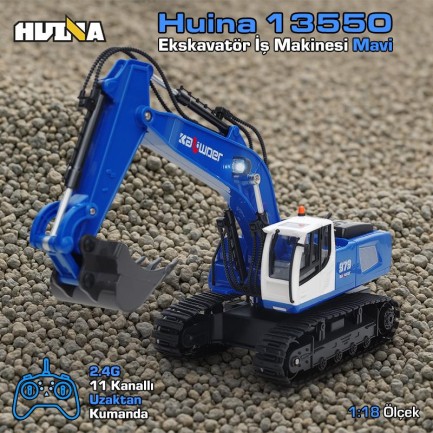 HUINA - HUINA Kaliwo 13550 1/18 11CH Kazıcı Ekskavatör İş Makinesi İnşaat Uzaktan Kumandalı RC Model Metal Kepçeli Mavi - 2.4Ghz Gerçekçi Similasyon Ses ve Işık Sistemi