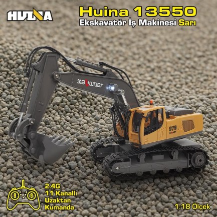HUINA - HUINA Kaliwo 13550 1/18 11CH Kazıcı Ekskavatör İş Makinesi İnşaat Uzaktan Kumandalı RC Model Metal Kepçeli Sarı - 2.4Ghz Gerçekçi Similasyon Ses ve Işık Sistemi