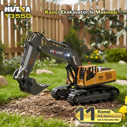 HUINA - HUINA Kaliwo 13550 1/18 11CH Kazıcı Ekskavatör İş Makinesi İnşaat Uzaktan Kumandalı RC Model Metal Kepçeli Sarı - 2.4Ghz Gerçekçi Similasyon Ses ve Işık Sistemi