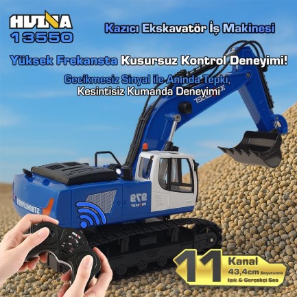 HUINA Kaliwo 13550 1/18 11CH Kazıcı Ekskavatör İş Makinesi İnşaat Uzaktan Kumandalı RC Model Metal Kepçeli Mavi - 2.4Ghz Gerçekçi Similasyon Ses ve Işık Sistemi - Thumbnail