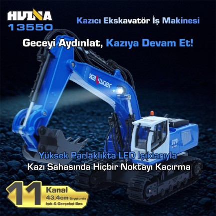 HUINA Kaliwo 13550 1/18 11CH Kazıcı Ekskavatör İş Makinesi İnşaat Uzaktan Kumandalı RC Model Metal Kepçeli Mavi - 2.4Ghz Gerçekçi Similasyon Ses ve Işık Sistemi - Thumbnail