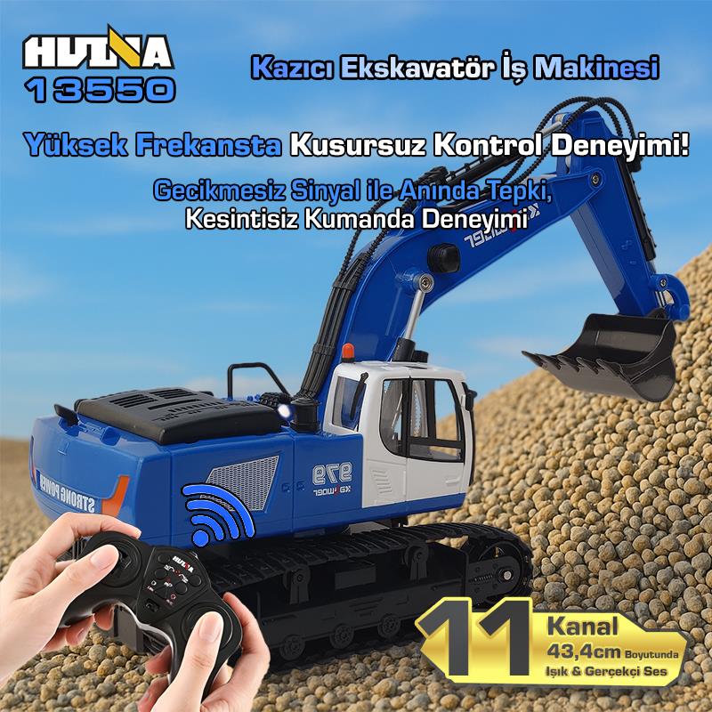HUINA Kaliwo 13550 1/18 11CH Kazıcı Ekskavatör İş Makinesi İnşaat Uzaktan Kumandalı RC Model Metal Kepçeli Mavi - 2.4Ghz Gerçekçi Similasyon Ses ve Işık Sistemi