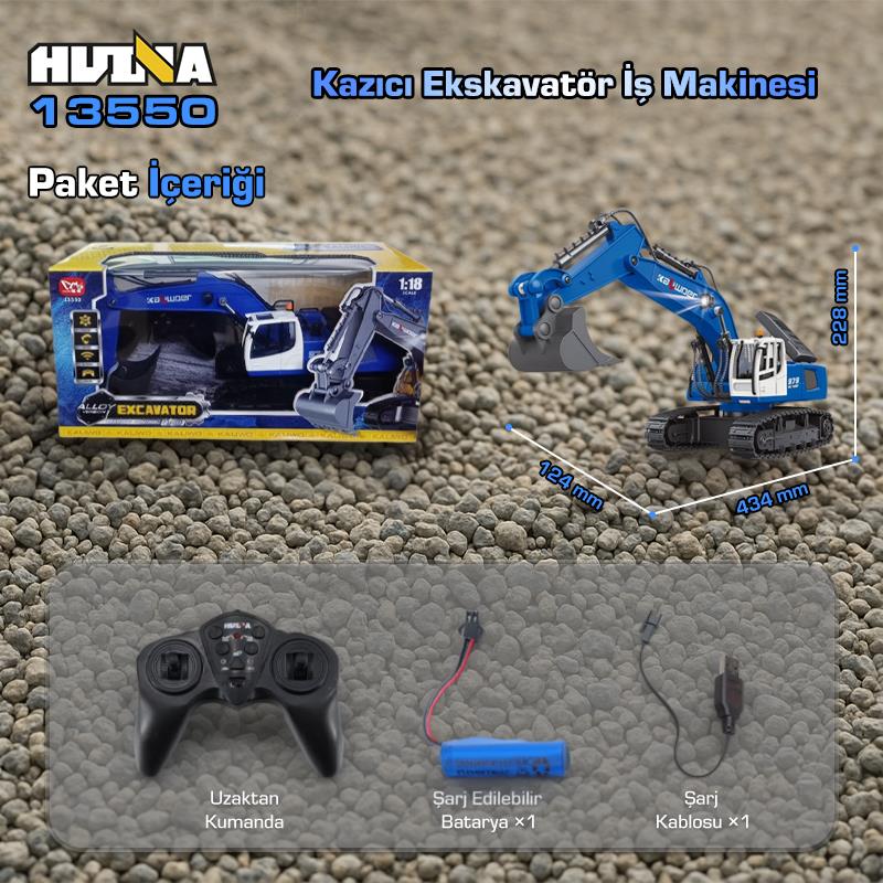 HUINA Kaliwo 13550 1/18 11CH Kazıcı Ekskavatör İş Makinesi İnşaat Uzaktan Kumandalı RC Model Metal Kepçeli Mavi - 2.4Ghz Gerçekçi Similasyon Ses ve Işık Sistemi