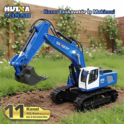 HUINA - HUINA Kaliwo 13550 1/18 11CH Kazıcı Ekskavatör İş Makinesi İnşaat Uzaktan Kumandalı RC Model Metal Kepçeli Mavi - 2.4Ghz Gerçekçi Similasyon Ses ve Işık Sistemi