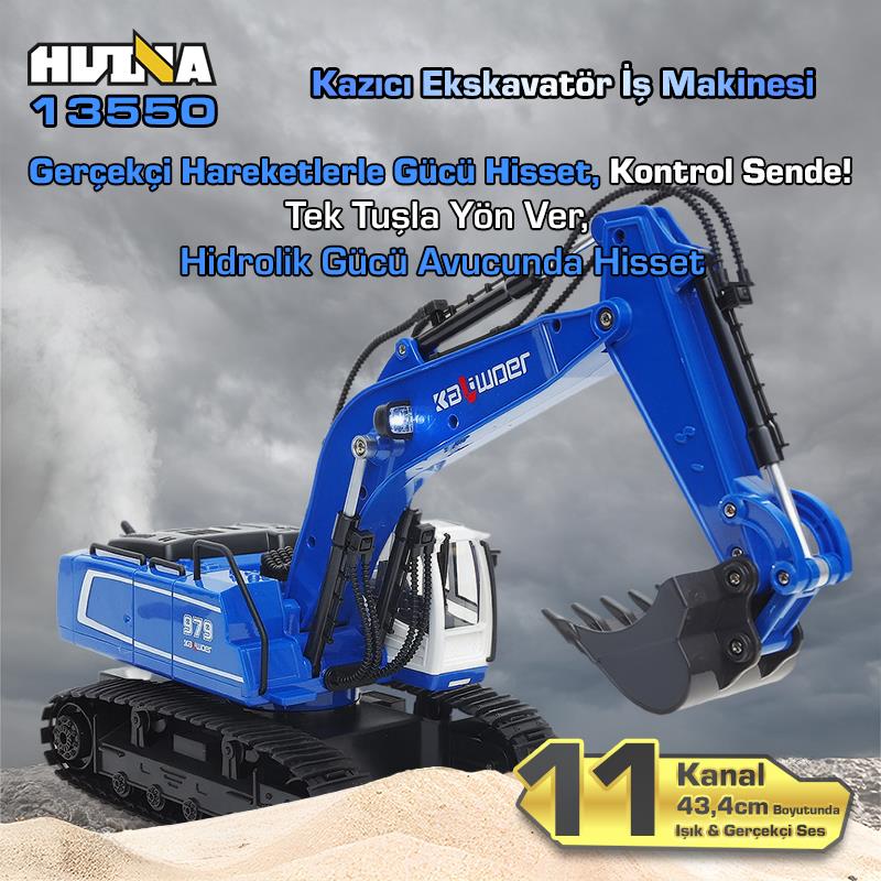 HUINA Kaliwo 13550 1/18 11CH Kazıcı Ekskavatör İş Makinesi İnşaat Uzaktan Kumandalı RC Model Metal Kepçeli Mavi - 2.4Ghz Gerçekçi Similasyon Ses ve Işık Sistemi