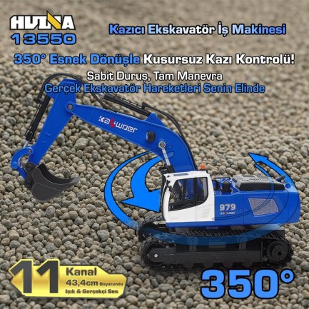 HUINA Kaliwo 13550 1/18 11CH Kazıcı Ekskavatör İş Makinesi İnşaat Uzaktan Kumandalı RC Model Metal Kepçeli Mavi - 2.4Ghz Gerçekçi Similasyon Ses ve Işık Sistemi - Thumbnail