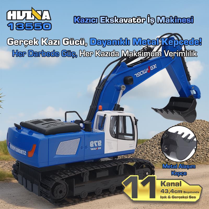 HUINA Kaliwo 13550 1/18 11CH Kazıcı Ekskavatör İş Makinesi İnşaat Uzaktan Kumandalı RC Model Metal Kepçeli Mavi - 2.4Ghz Gerçekçi Similasyon Ses ve Işık Sistemi