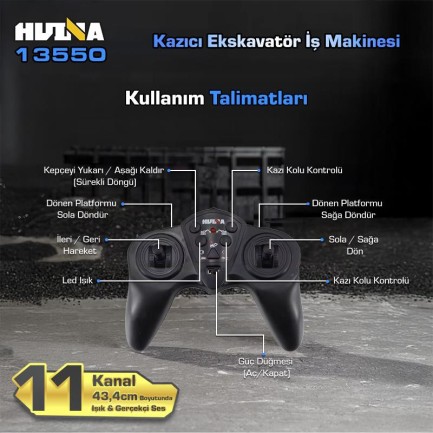 HUINA Kaliwo 13550 1/18 11CH Kazıcı Ekskavatör İş Makinesi İnşaat Uzaktan Kumandalı RC Model Metal Kepçeli Mavi - 2.4Ghz Gerçekçi Similasyon Ses ve Işık Sistemi - Thumbnail