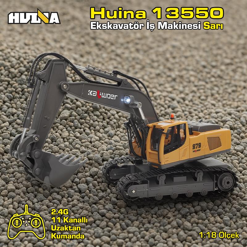 HUINA Kaliwo 13550 1/18 11CH Kazıcı Ekskavatör İş Makinesi İnşaat Uzaktan Kumandalı RC Model Metal Kepçeli Sarı - 2.4Ghz Gerçekçi Similasyon Ses ve Işık Sistemi