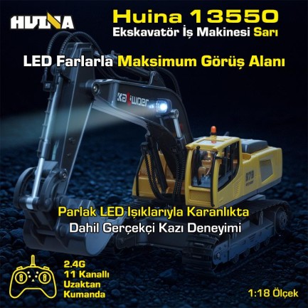 HUINA Kaliwo 13550 1/18 11CH Kazıcı Ekskavatör İş Makinesi İnşaat Uzaktan Kumandalı RC Model Metal Kepçeli Sarı - 2.4Ghz Gerçekçi Similasyon Ses ve Işık Sistemi - Thumbnail