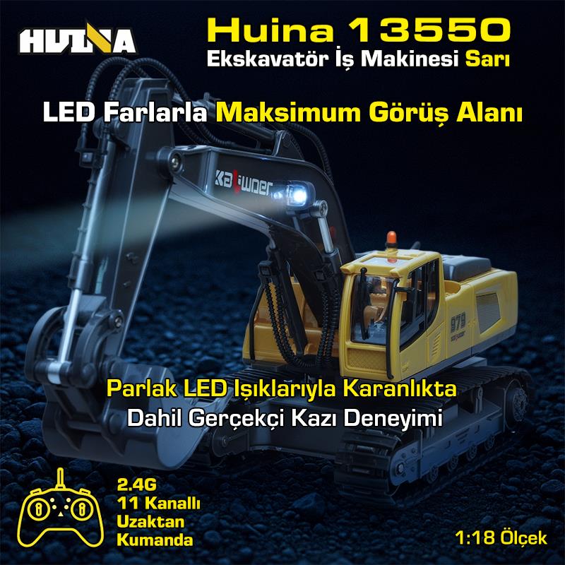 HUINA Kaliwo 13550 1/18 11CH Kazıcı Ekskavatör İş Makinesi İnşaat Uzaktan Kumandalı RC Model Metal Kepçeli Sarı - 2.4Ghz Gerçekçi Similasyon Ses ve Işık Sistemi