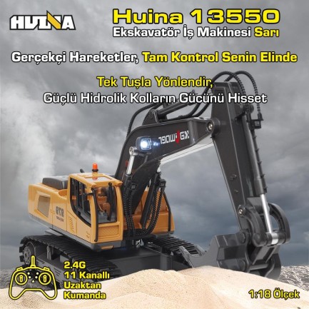 HUINA Kaliwo 13550 1/18 11CH Kazıcı Ekskavatör İş Makinesi İnşaat Uzaktan Kumandalı RC Model Metal Kepçeli Sarı - 2.4Ghz Gerçekçi Similasyon Ses ve Işık Sistemi - Thumbnail