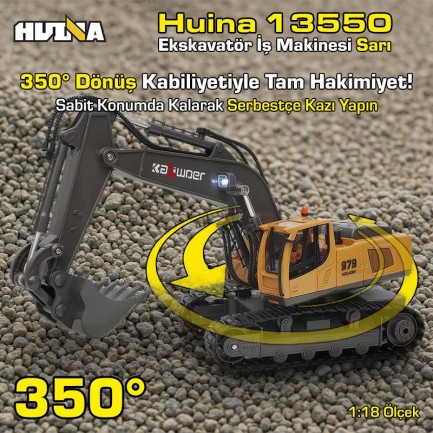 HUINA Kaliwo 13550 1/18 11CH Kazıcı Ekskavatör İş Makinesi İnşaat Uzaktan Kumandalı RC Model Metal Kepçeli Sarı - 2.4Ghz Gerçekçi Similasyon Ses ve Işık Sistemi - Thumbnail