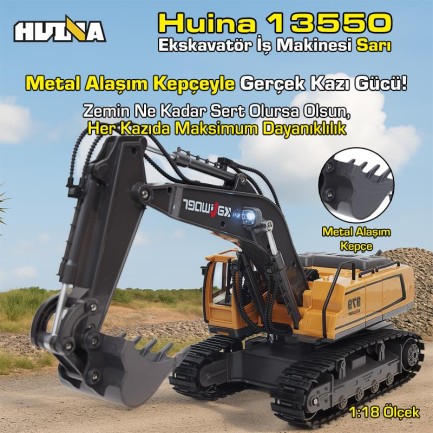 HUINA Kaliwo 13550 1/18 11CH Kazıcı Ekskavatör İş Makinesi İnşaat Uzaktan Kumandalı RC Model Metal Kepçeli Sarı - 2.4Ghz Gerçekçi Similasyon Ses ve Işık Sistemi - Thumbnail