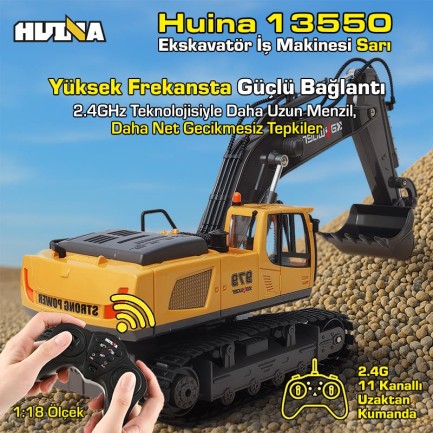 HUINA Kaliwo 13550 1/18 11CH Kazıcı Ekskavatör İş Makinesi İnşaat Uzaktan Kumandalı RC Model Metal Kepçeli Sarı - 2.4Ghz Gerçekçi Similasyon Ses ve Işık Sistemi - Thumbnail