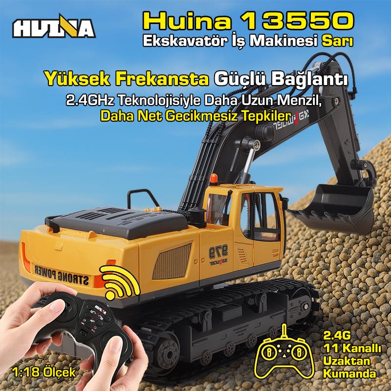 HUINA Kaliwo 13550 1/18 11CH Kazıcı Ekskavatör İş Makinesi İnşaat Uzaktan Kumandalı RC Model Metal Kepçeli Sarı - 2.4Ghz Gerçekçi Similasyon Ses ve Işık Sistemi
