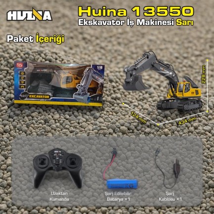 HUINA Kaliwo 13550 1/18 11CH Kazıcı Ekskavatör İş Makinesi İnşaat Uzaktan Kumandalı RC Model Metal Kepçeli Sarı - 2.4Ghz Gerçekçi Similasyon Ses ve Işık Sistemi - Thumbnail