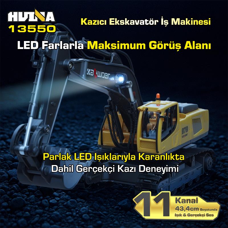 HUINA Kaliwo 13550 1/18 11CH Kazıcı Ekskavatör İş Makinesi İnşaat Uzaktan Kumandalı RC Model Metal Kepçeli Sarı - 2.4Ghz Gerçekçi Similasyon Ses ve Işık Sistemi