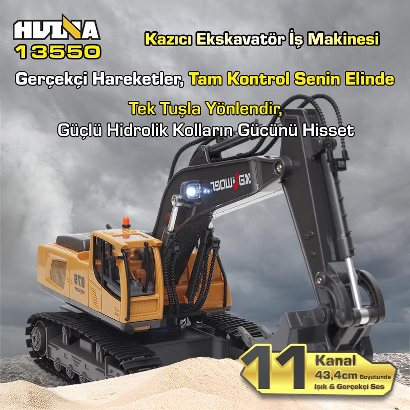 HUINA Kaliwo 13550 1/18 11CH Kazıcı Ekskavatör İş Makinesi İnşaat Uzaktan Kumandalı RC Model Metal Kepçeli Sarı - 2.4Ghz Gerçekçi Similasyon Ses ve Işık Sistemi
