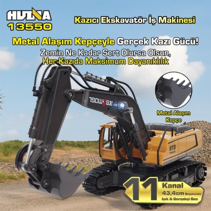 HUINA Kaliwo 13550 1/18 11CH Kazıcı Ekskavatör İş Makinesi İnşaat Uzaktan Kumandalı RC Model Metal Kepçeli Sarı - 2.4Ghz Gerçekçi Similasyon Ses ve Işık Sistemi - Thumbnail